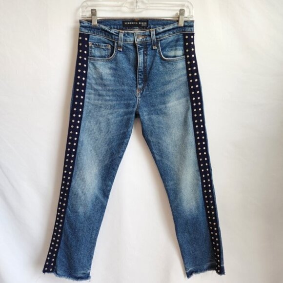 VERONICA BEARD 'Ines' Girlfriend Rhinestone-Side Crop Jeans, Faded Blue Wash - Picture 3 of 6
